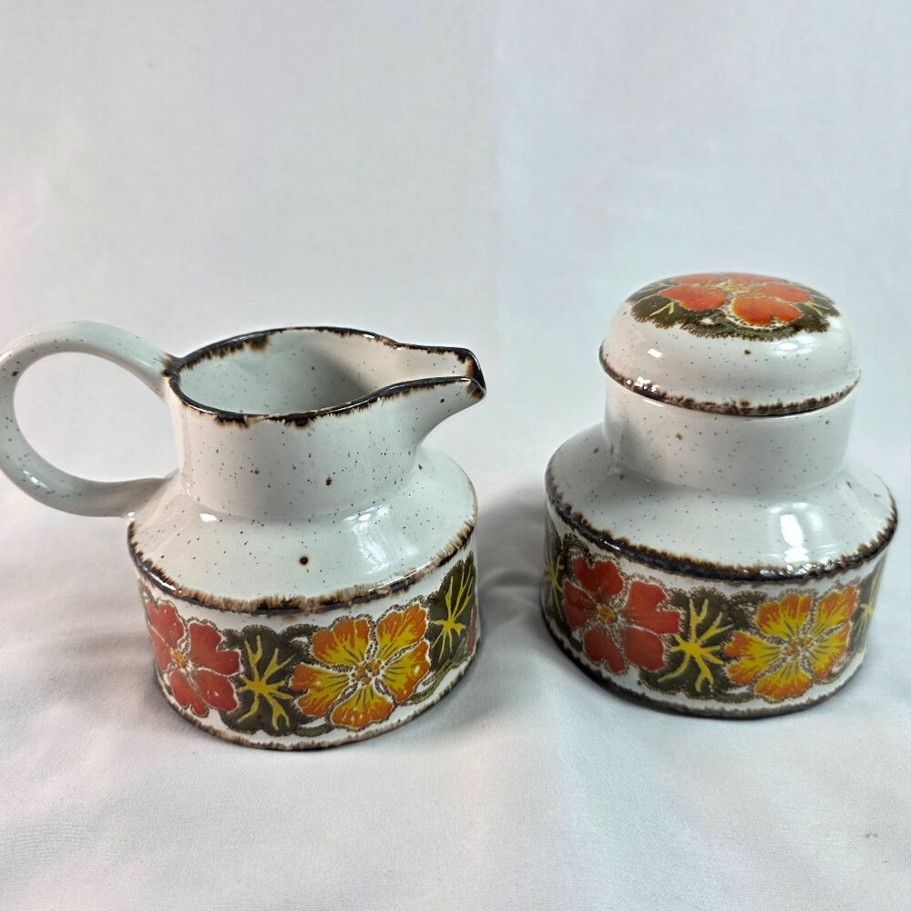 Midwinter Stonehenge Nasturtium Creamer & Sugar Bowl Orange & Red Flowers